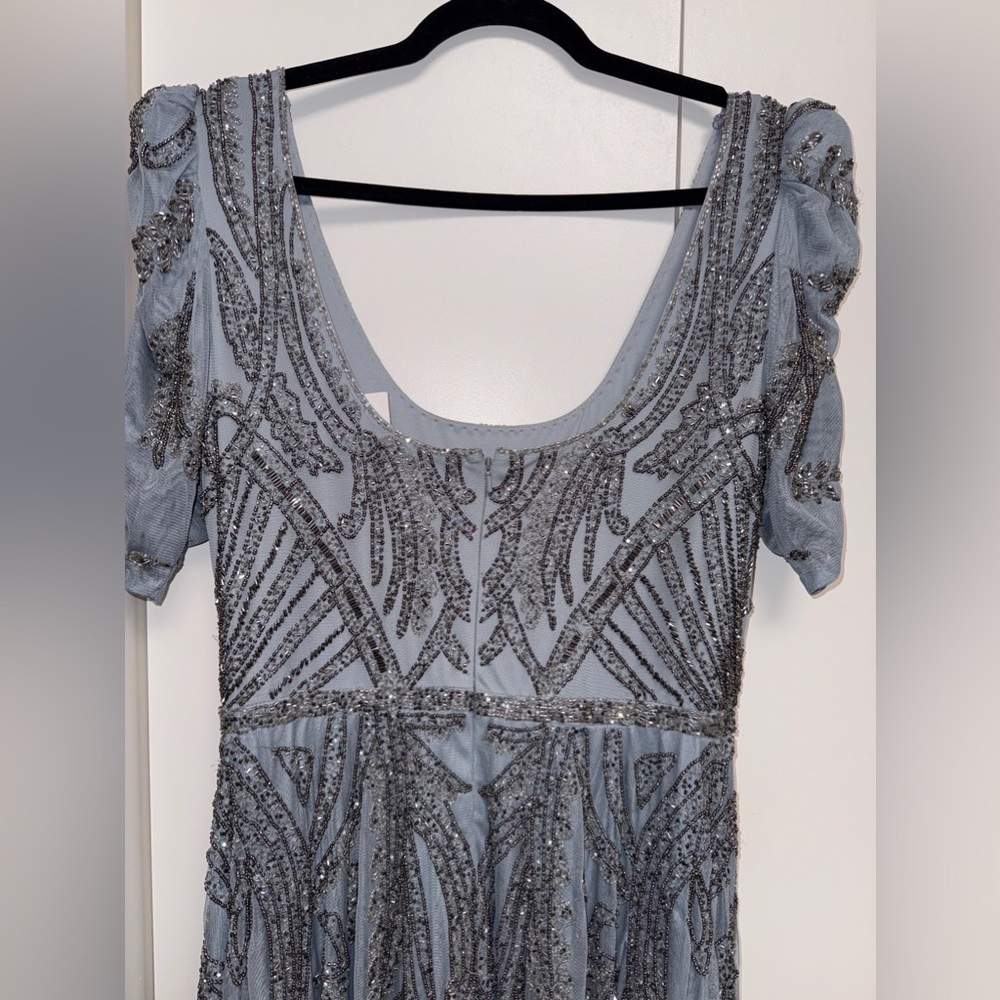 NWT |Mac Duggal A5434 Silver Short Sleeve Beaded A-line Tea Length Dress Size 10 - Picture 7 of 16